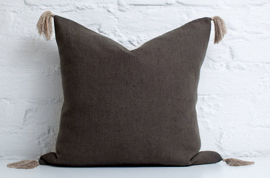 Charcoal linen pillow cover with tassels