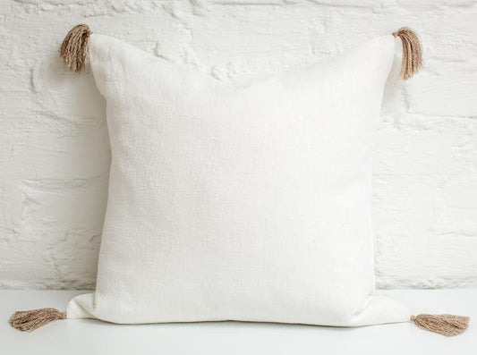 White linen pillow cover with tassels