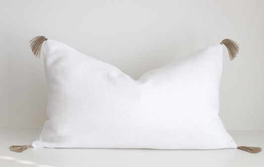 Pure white linen pillow cover with tassels