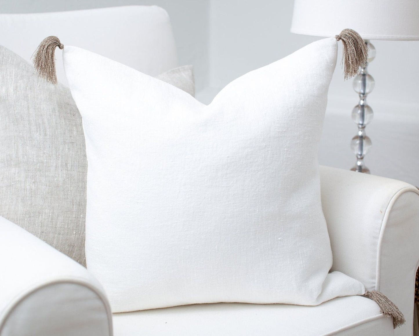 Pure white linen pillow cover with tassels