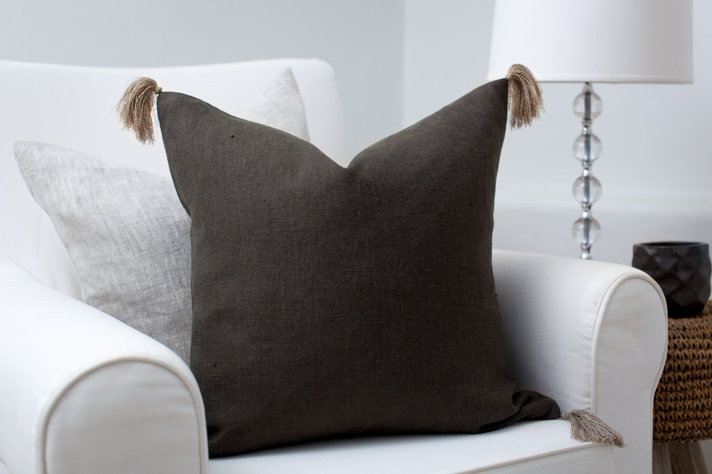 Charcoal linen pillow cover with tassels